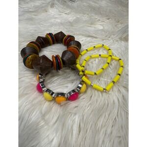 Set of 4 Colorful Stretch Bracelets Wood Bead Boho Yellow Pink Orange Stackable